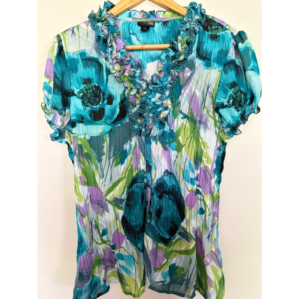 East 5th Petite Floral Ruffle Blouse Teal Green PXL Pleated Button Front Top